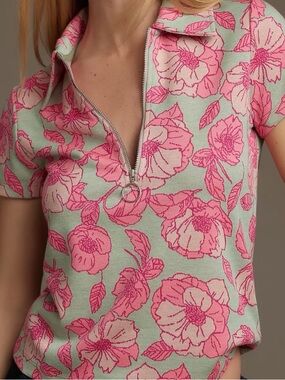 Anthropologie Mint Green and Pink Floral Zip Polo Shirt